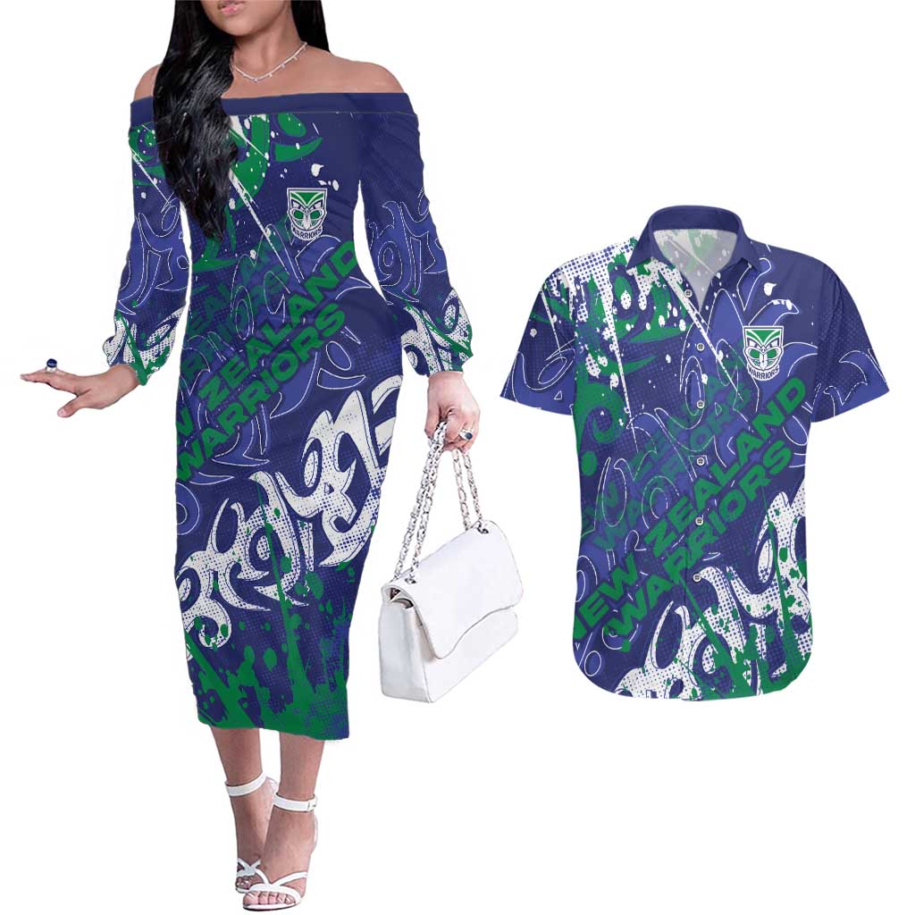 Personalized New Zealand Warriors Rugby Couples Matching Off The Shoulder Long Sleeve Dress and Hawaiian Shirt Urban Street Graffiti Style - Distressed Splatter Elements