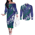 Personalized New Zealand Warriors Rugby Couples Matching Off The Shoulder Long Sleeve Dress and Long Sleeve Button Shirt Urban Street Graffiti Style - Distressed Splatter Elements