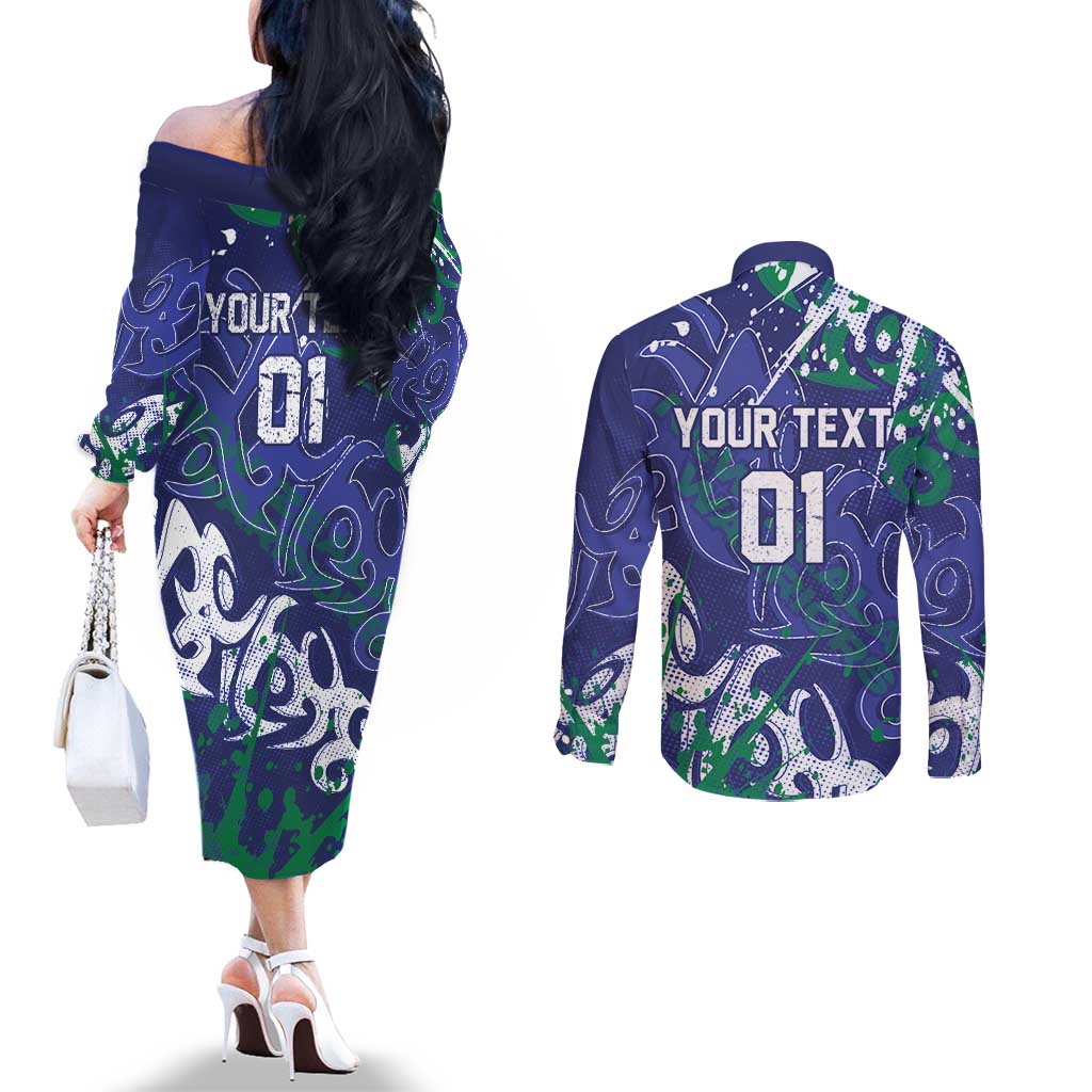 Personalized New Zealand Warriors Rugby Couples Matching Off The Shoulder Long Sleeve Dress and Long Sleeve Button Shirt Urban Street Graffiti Style - Distressed Splatter Elements