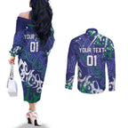 Personalized New Zealand Warriors Rugby Couples Matching Off The Shoulder Long Sleeve Dress and Long Sleeve Button Shirt Urban Street Graffiti Style - Distressed Splatter Elements
