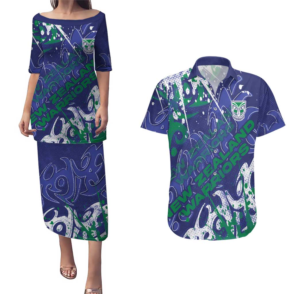 Personalized New Zealand Warriors Rugby Couples Matching Puletasi and Hawaiian Shirt Urban Street Graffiti Style - Distressed Splatter Elements