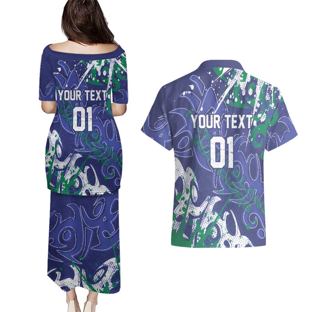 Personalized New Zealand Warriors Rugby Couples Matching Puletasi and Hawaiian Shirt Urban Street Graffiti Style - Distressed Splatter Elements