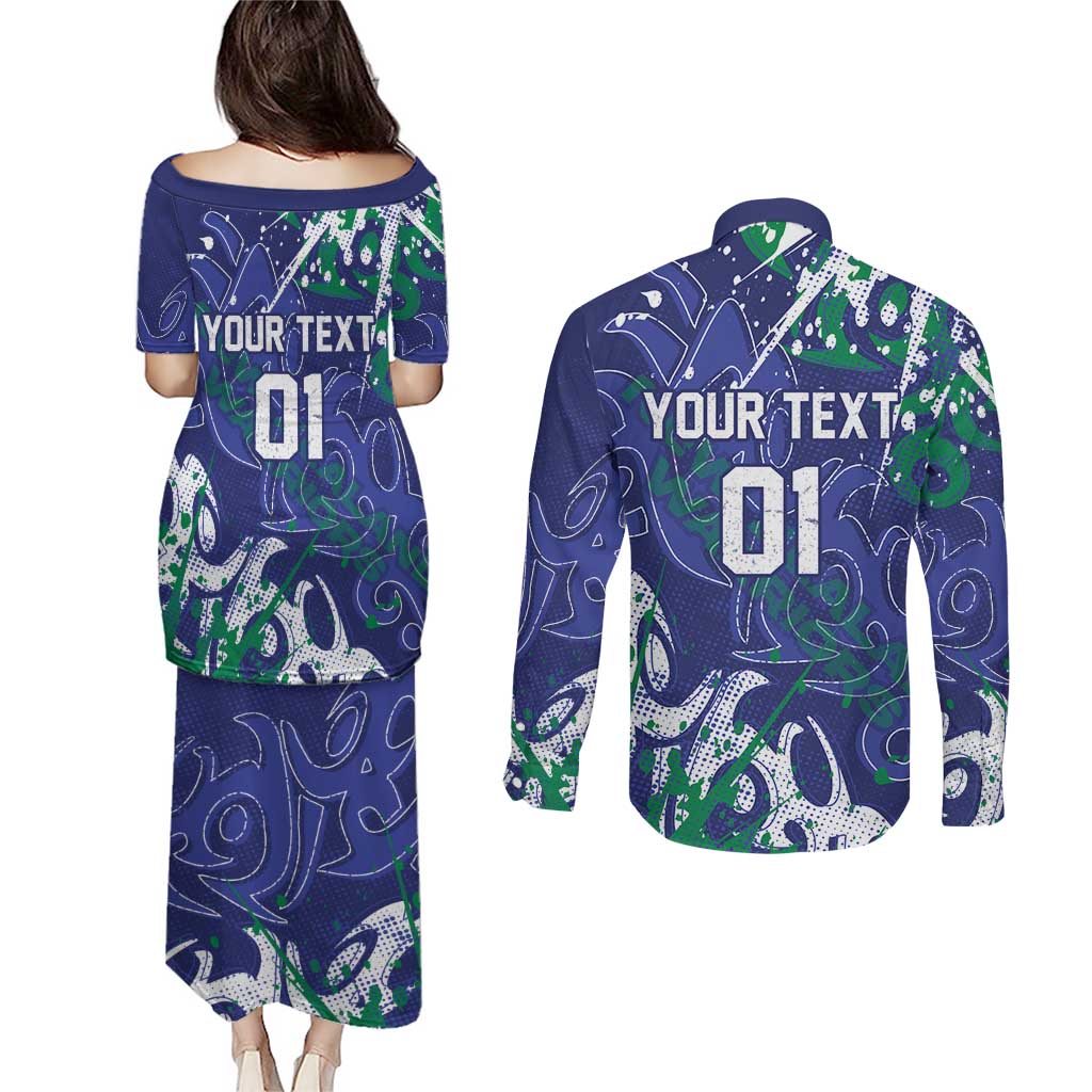 Personalized New Zealand Warriors Rugby Couples Matching Puletasi and Long Sleeve Button Shirt Urban Street Graffiti Style - Distressed Splatter Elements