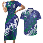 Personalized New Zealand Warriors Rugby Couples Matching Short Sleeve Bodycon Dress and Hawaiian Shirt Urban Street Graffiti Style - Distressed Splatter Elements