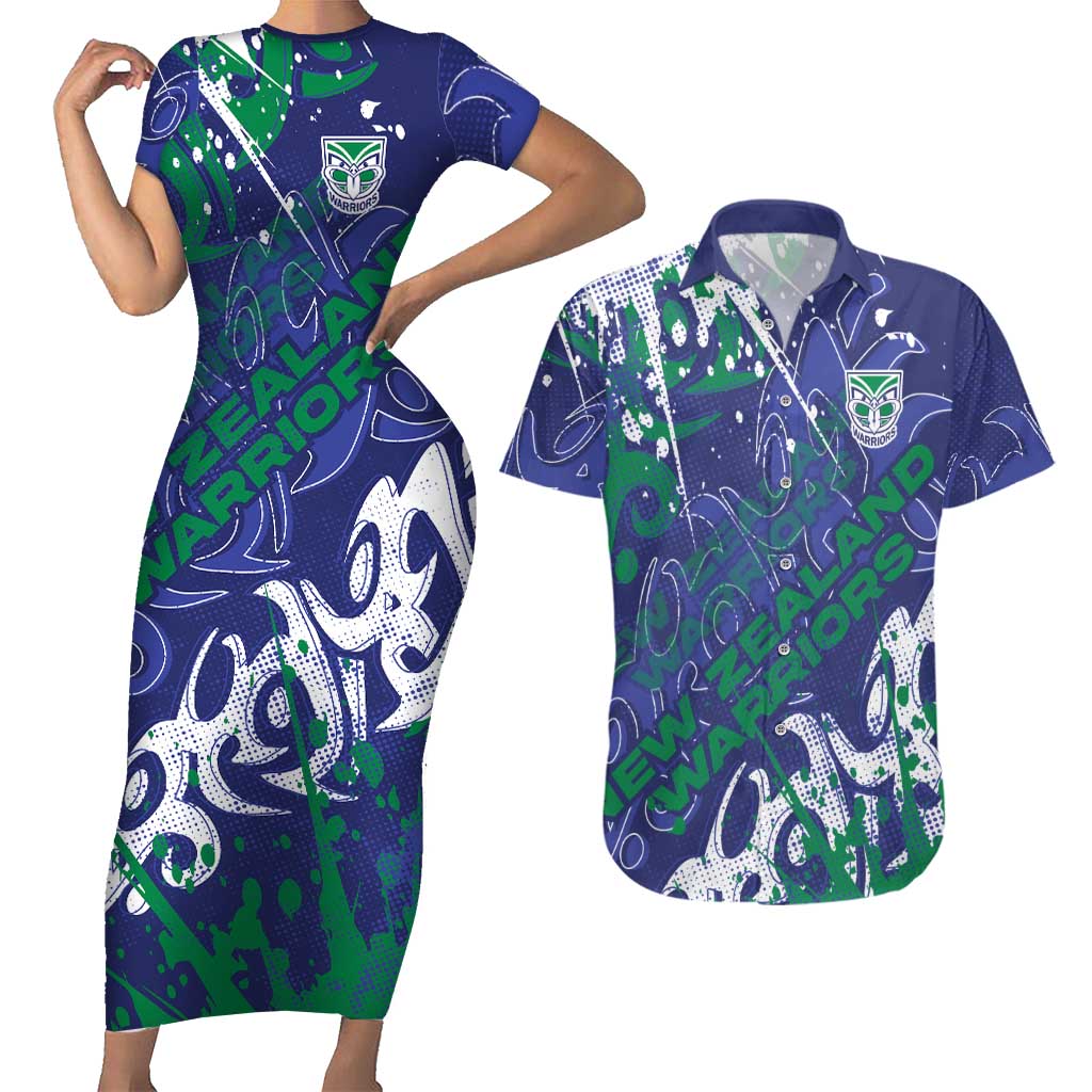 Personalized New Zealand Warriors Rugby Couples Matching Short Sleeve Bodycon Dress and Hawaiian Shirt Urban Street Graffiti Style - Distressed Splatter Elements