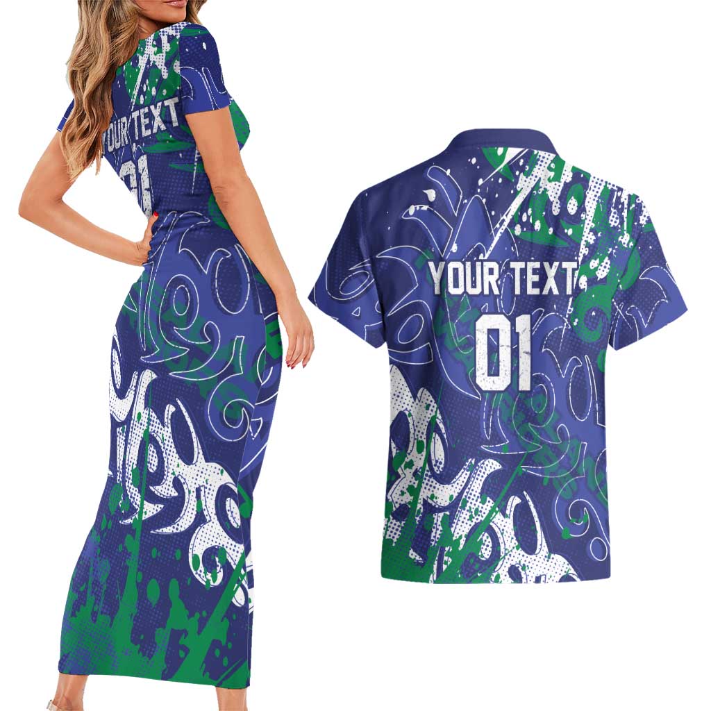 Personalized New Zealand Warriors Rugby Couples Matching Short Sleeve Bodycon Dress and Hawaiian Shirt Urban Street Graffiti Style - Distressed Splatter Elements