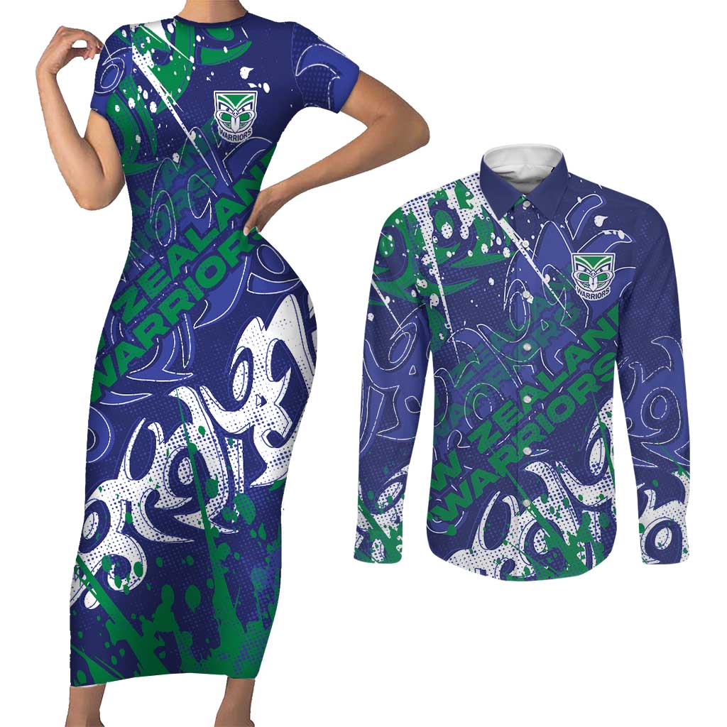 Personalized New Zealand Warriors Rugby Couples Matching Short Sleeve Bodycon Dress and Long Sleeve Button Shirt Urban Street Graffiti Style - Distressed Splatter Elements