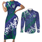 Personalized New Zealand Warriors Rugby Couples Matching Short Sleeve Bodycon Dress and Long Sleeve Button Shirt Urban Street Graffiti Style - Distressed Splatter Elements