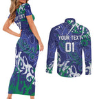Personalized New Zealand Warriors Rugby Couples Matching Short Sleeve Bodycon Dress and Long Sleeve Button Shirt Urban Street Graffiti Style - Distressed Splatter Elements