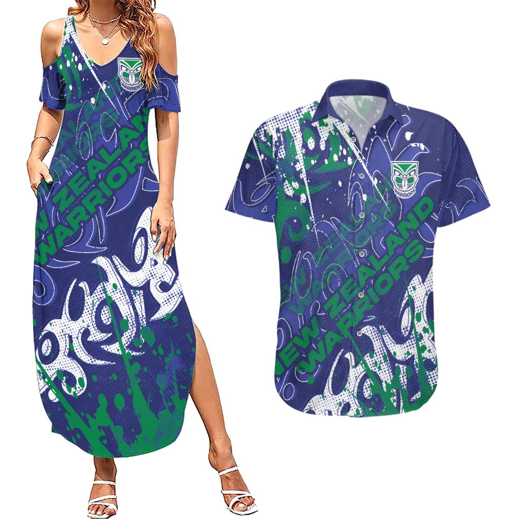 Personalized New Zealand Warriors Rugby Couples Matching Summer Maxi Dress and Hawaiian Shirt Urban Street Graffiti Style - Distressed Splatter Elements