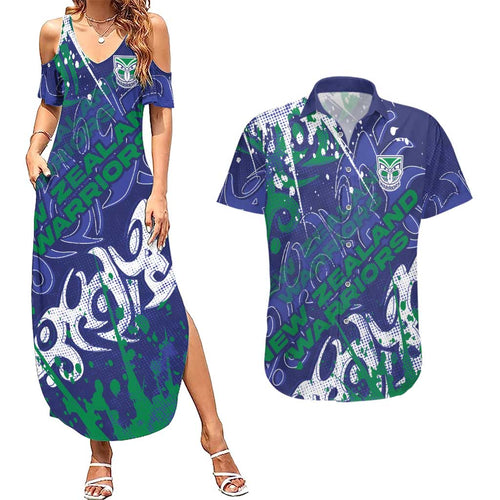 Personalized New Zealand Warriors Rugby Couples Matching Summer Maxi Dress and Hawaiian Shirt Urban Street Graffiti Style - Distressed Splatter Elements