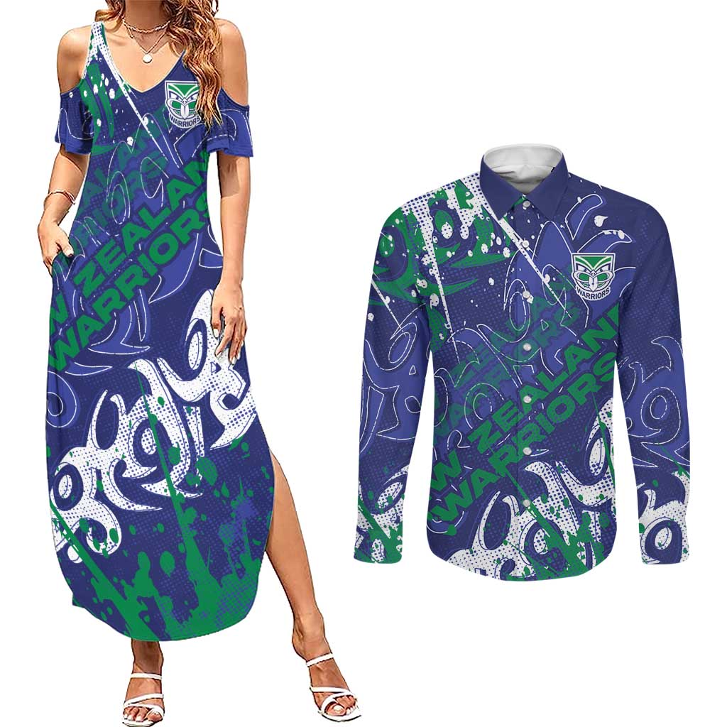 Personalized New Zealand Warriors Rugby Couples Matching Summer Maxi Dress and Long Sleeve Button Shirt Urban Street Graffiti Style - Distressed Splatter Elements
