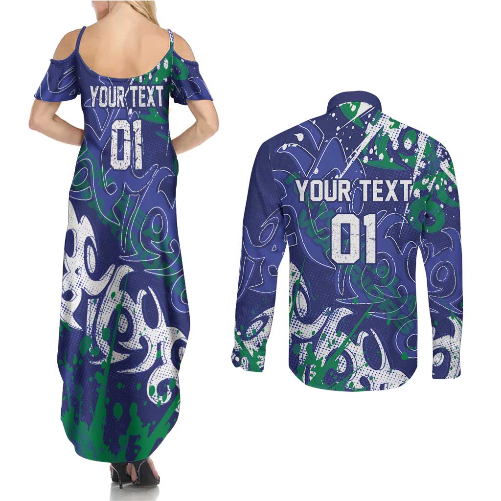 Personalized New Zealand Warriors Rugby Couples Matching Summer Maxi Dress and Long Sleeve Button Shirt Urban Street Graffiti Style - Distressed Splatter Elements