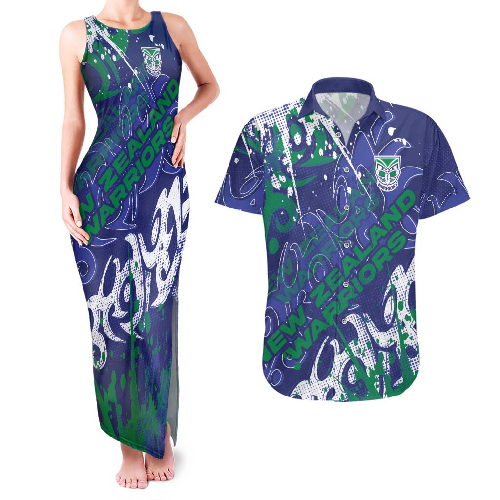 Personalized New Zealand Warriors Rugby Couples Matching Tank Maxi Dress and Hawaiian Shirt Urban Street Graffiti Style - Distressed Splatter Elements