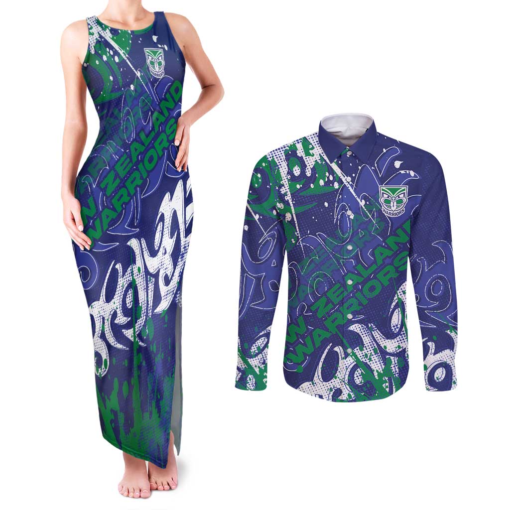 Personalized New Zealand Warriors Rugby Couples Matching Tank Maxi Dress and Long Sleeve Button Shirt Urban Street Graffiti Style - Distressed Splatter Elements