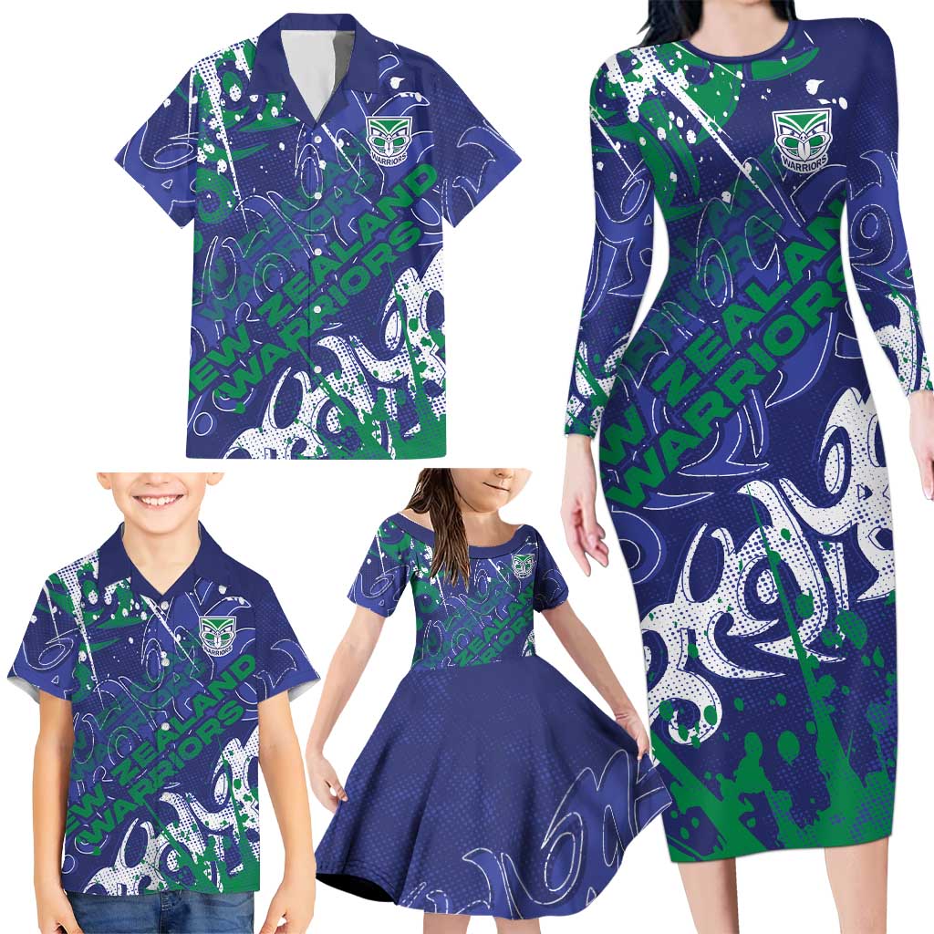 Personalized New Zealand Warriors Rugby Family Matching Long Sleeve Bodycon Dress and Hawaiian Shirt Urban Street Graffiti Style - Distressed Splatter Elements