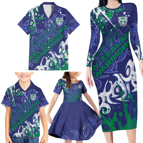 Personalized New Zealand Warriors Rugby Family Matching Long Sleeve Bodycon Dress and Hawaiian Shirt Urban Street Graffiti Style - Distressed Splatter Elements