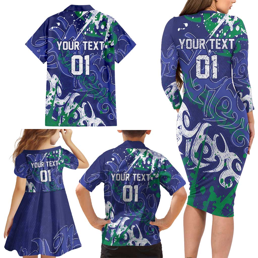 Personalized New Zealand Warriors Rugby Family Matching Long Sleeve Bodycon Dress and Hawaiian Shirt Urban Street Graffiti Style - Distressed Splatter Elements