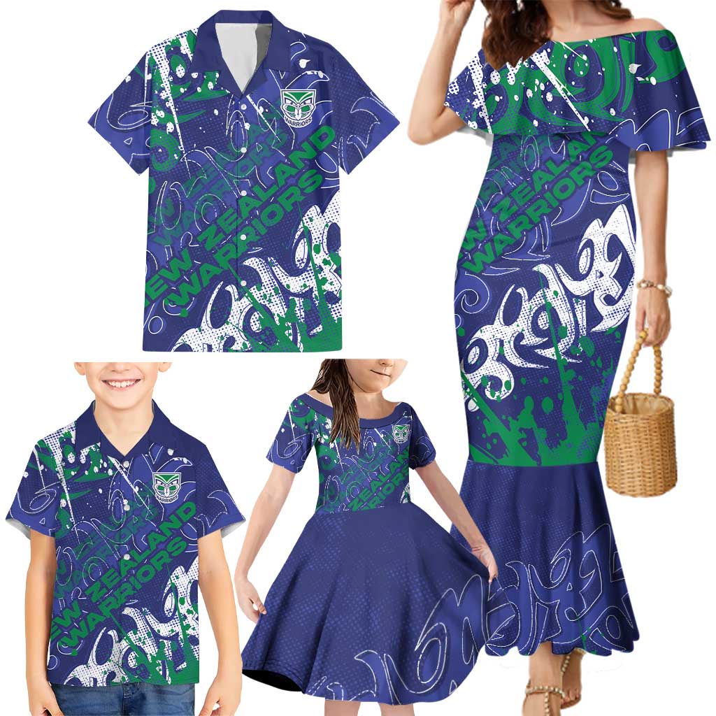 Personalized New Zealand Warriors Rugby Family Matching Mermaid Dress and Hawaiian Shirt Urban Street Graffiti Style - Distressed Splatter Elements