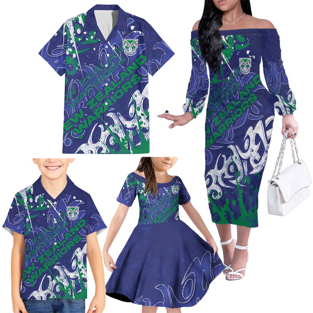 Personalized New Zealand Warriors Rugby Family Matching Off The Shoulder Long Sleeve Dress and Hawaiian Shirt Urban Street Graffiti Style - Distressed Splatter Elements