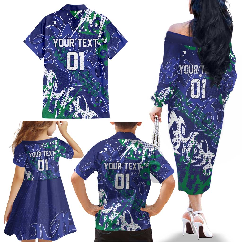 Personalized New Zealand Warriors Rugby Family Matching Off The Shoulder Long Sleeve Dress and Hawaiian Shirt Urban Street Graffiti Style - Distressed Splatter Elements