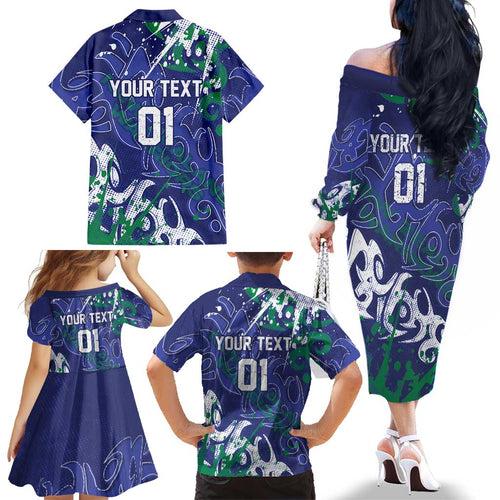 Personalized New Zealand Warriors Rugby Family Matching Off The Shoulder Long Sleeve Dress and Hawaiian Shirt Urban Street Graffiti Style - Distressed Splatter Elements