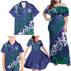 Personalized New Zealand Warriors Rugby Family Matching Off Shoulder Maxi Dress and Hawaiian Shirt Urban Street Graffiti Style - Distressed Splatter Elements