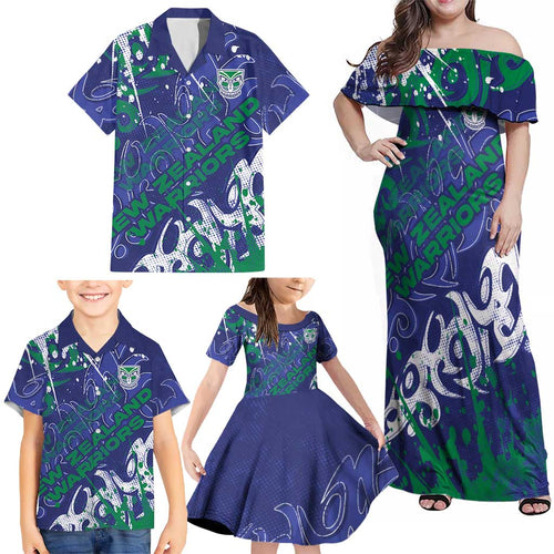 Personalized New Zealand Warriors Rugby Family Matching Off Shoulder Maxi Dress and Hawaiian Shirt Urban Street Graffiti Style - Distressed Splatter Elements