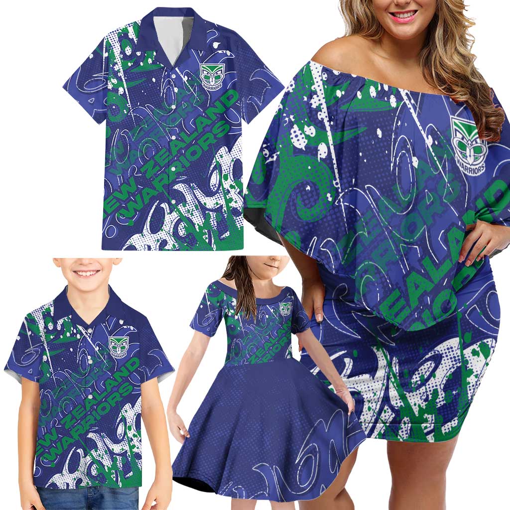 Personalized New Zealand Warriors Rugby Family Matching Off Shoulder Short Dress and Hawaiian Shirt Urban Street Graffiti Style - Distressed Splatter Elements