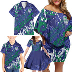 Personalized New Zealand Warriors Rugby Family Matching Off Shoulder Short Dress and Hawaiian Shirt Urban Street Graffiti Style - Distressed Splatter Elements