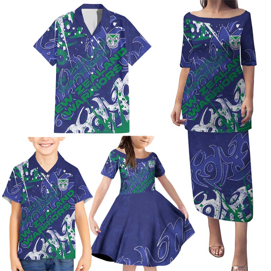 Personalized New Zealand Warriors Rugby Family Matching Puletasi and Hawaiian Shirt Urban Street Graffiti Style - Distressed Splatter Elements