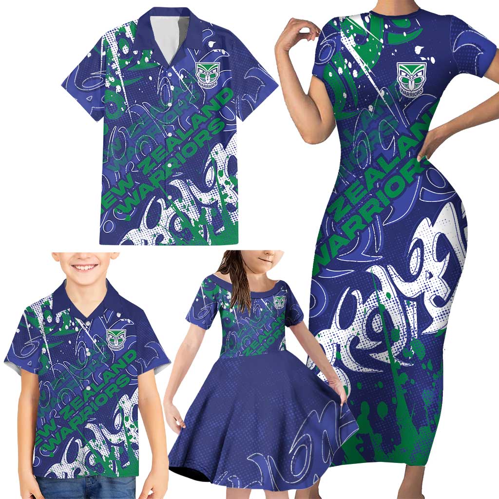 Personalized New Zealand Warriors Rugby Family Matching Short Sleeve Bodycon Dress and Hawaiian Shirt Urban Street Graffiti Style - Distressed Splatter Elements