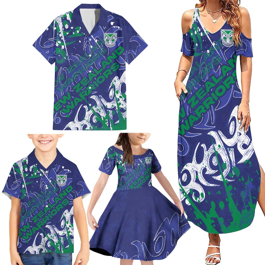 Personalized New Zealand Warriors Rugby Family Matching Summer Maxi Dress and Hawaiian Shirt Urban Street Graffiti Style - Distressed Splatter Elements