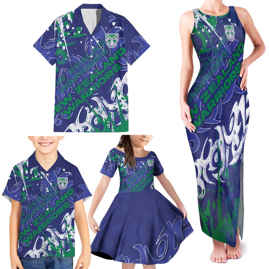 Personalized New Zealand Warriors Rugby Family Matching Tank Maxi Dress and Hawaiian Shirt Urban Street Graffiti Style - Distressed Splatter Elements