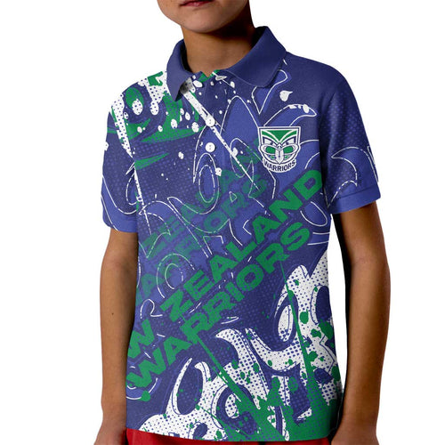 Personalized New Zealand Warriors Rugby Kid Polo Shirt Urban Street Graffiti Style - Distressed Splatter Elements