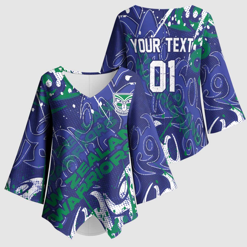 Personalized New Zealand Warriors Rugby Kimono Sleeve Blouse Urban Street Graffiti Style - Distressed Splatter Elements