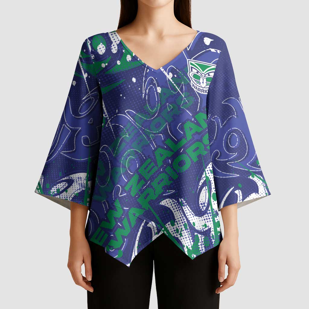 Personalized New Zealand Warriors Rugby Kimono Sleeve Blouse Urban Street Graffiti Style - Distressed Splatter Elements