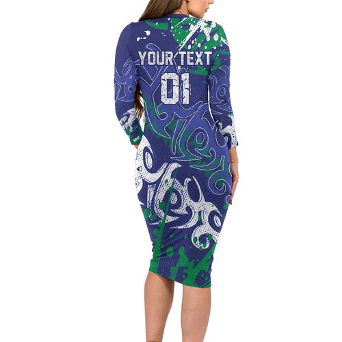 Personalized New Zealand Warriors Rugby Long Sleeve Bodycon Dress Urban Street Graffiti Style - Distressed Splatter Elements