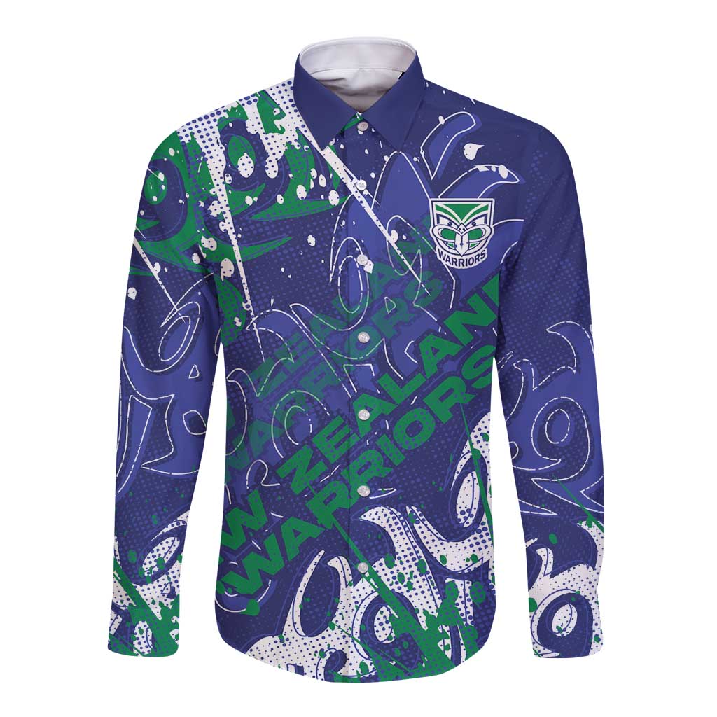 Personalized New Zealand Warriors Rugby Long Sleeve Button Shirt Urban Street Graffiti Style - Distressed Splatter Elements