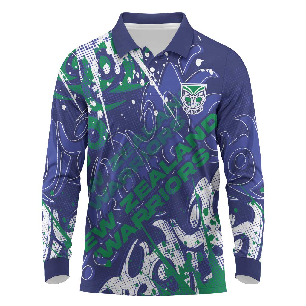 Personalized New Zealand Warriors Rugby Long Sleeve Polo Shirt Urban Street Graffiti Style - Distressed Splatter Elements