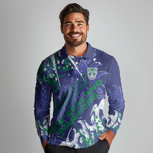 Personalized New Zealand Warriors Rugby Long Sleeve Polo Shirt Urban Street Graffiti Style - Distressed Splatter Elements