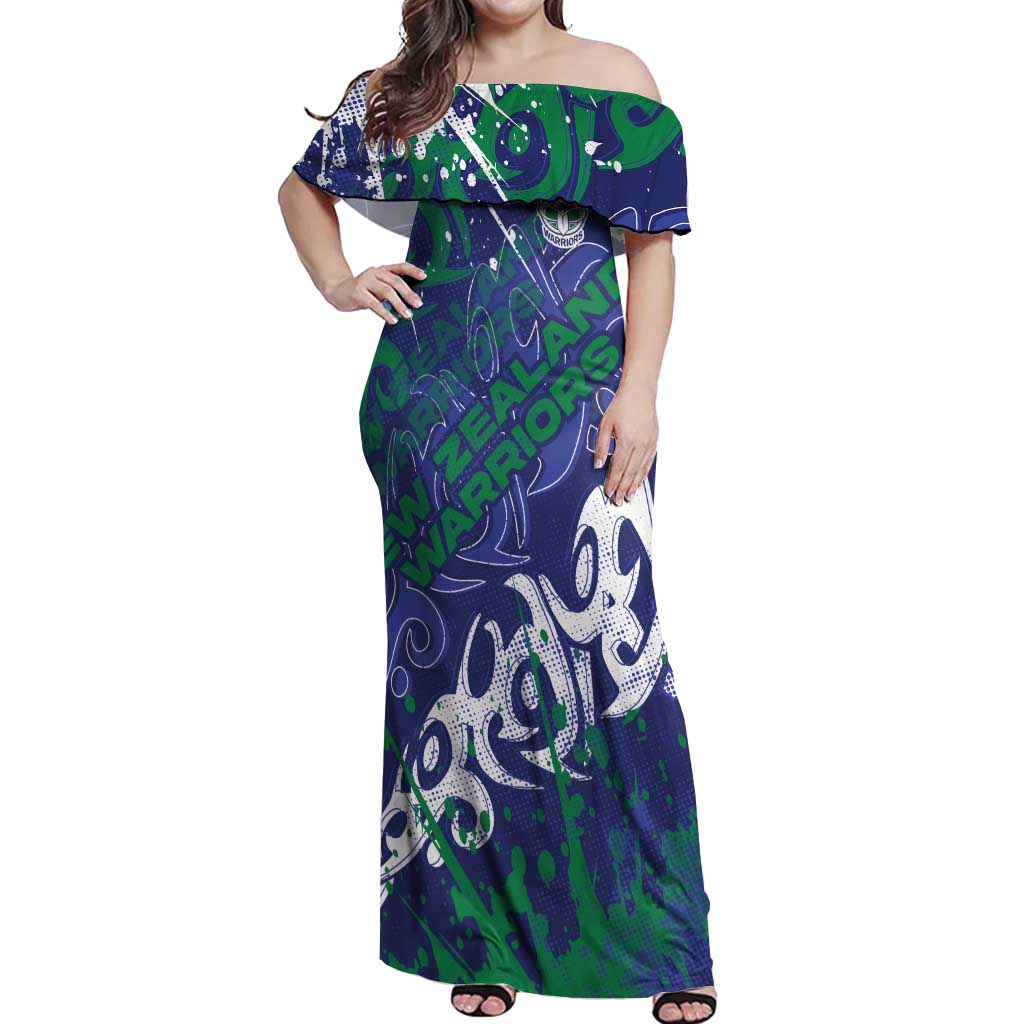 Personalized New Zealand Warriors Rugby Off Shoulder Maxi Dress Urban Street Graffiti Style - Distressed Splatter Elements