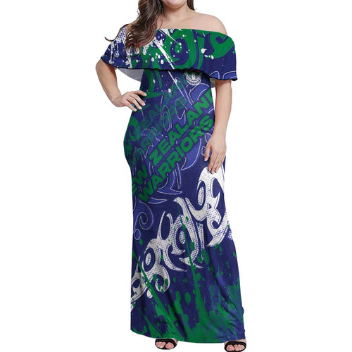 Personalized New Zealand Warriors Rugby Off Shoulder Maxi Dress Urban Street Graffiti Style - Distressed Splatter Elements