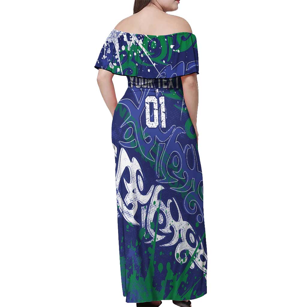 Personalized New Zealand Warriors Rugby Off Shoulder Maxi Dress Urban Street Graffiti Style - Distressed Splatter Elements