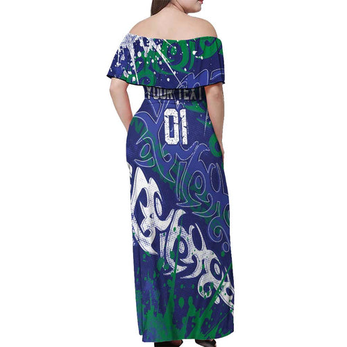 Personalized New Zealand Warriors Rugby Off Shoulder Maxi Dress Urban Street Graffiti Style - Distressed Splatter Elements