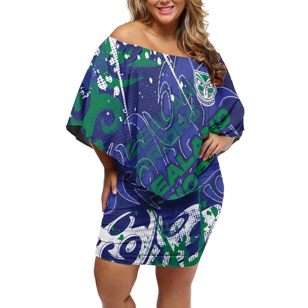Personalized New Zealand Warriors Rugby Off Shoulder Short Dress Urban Street Graffiti Style - Distressed Splatter Elements
