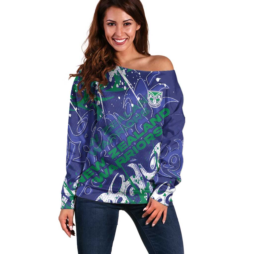 Personalized New Zealand Warriors Rugby Off Shoulder Sweater Urban Street Graffiti Style - Distressed Splatter Elements