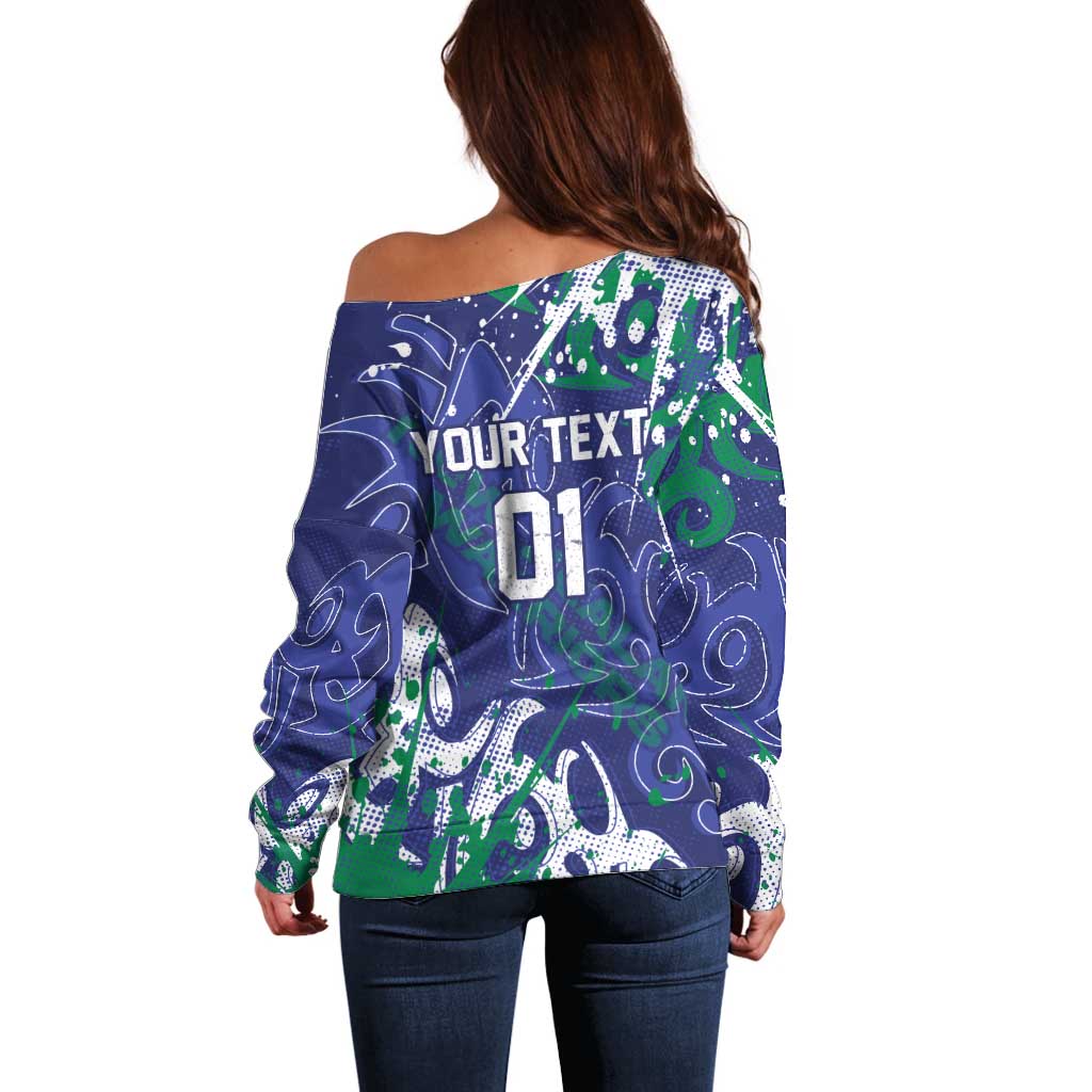 Personalized New Zealand Warriors Rugby Off Shoulder Sweater Urban Street Graffiti Style - Distressed Splatter Elements