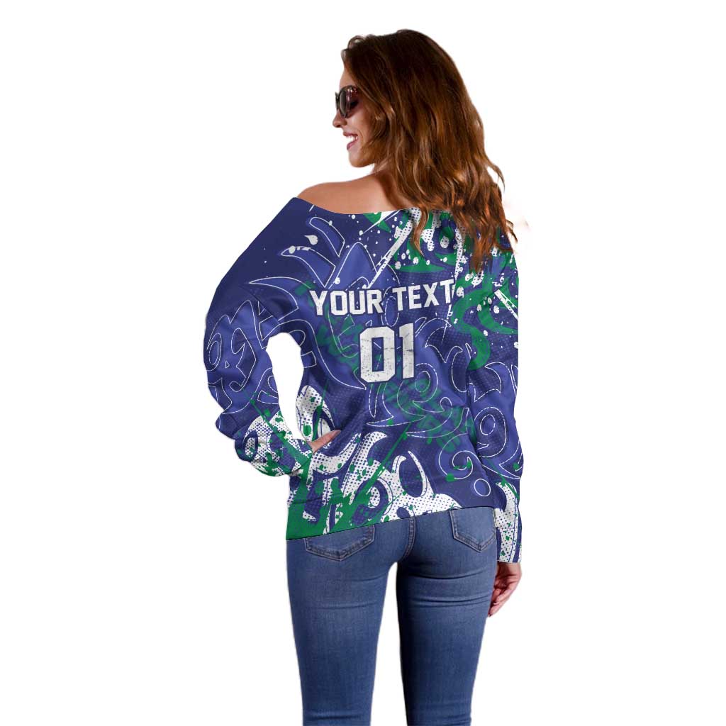 Personalized New Zealand Warriors Rugby Off Shoulder Sweater Urban Street Graffiti Style - Distressed Splatter Elements