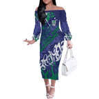 Personalized New Zealand Warriors Rugby Off The Shoulder Long Sleeve Dress Urban Street Graffiti Style - Distressed Splatter Elements
